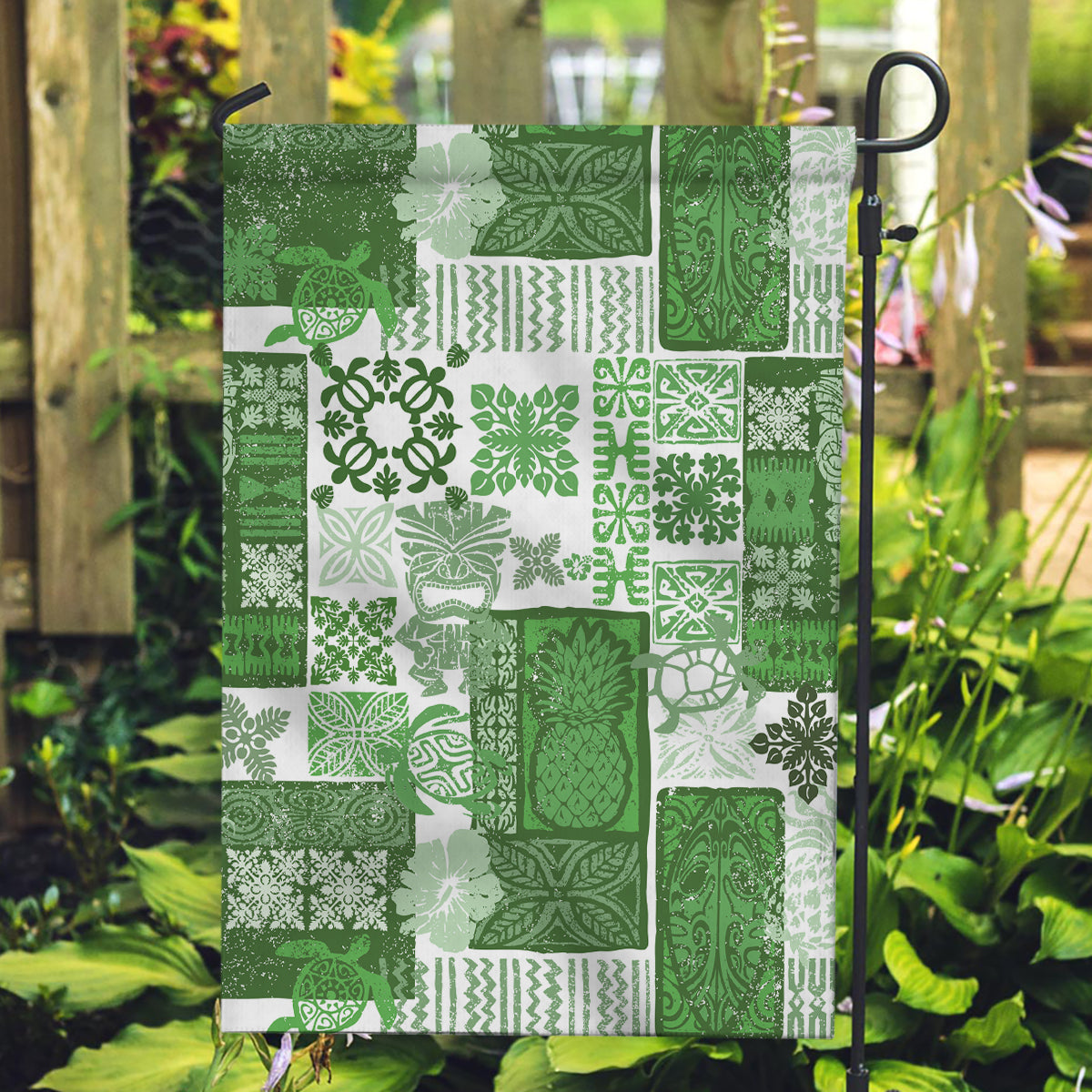 Hawaiian Quilt Garden Flag Tiki Tropical Retro Green Version - Wonder Print Shop