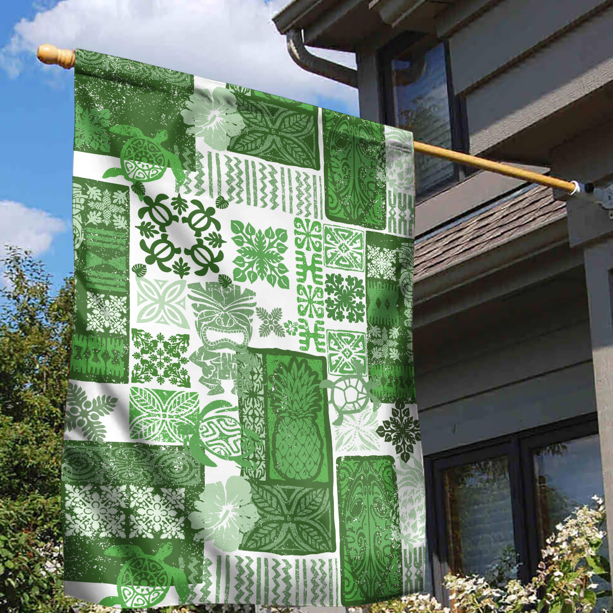 Hawaiian Quilt Garden Flag Tiki Tropical Retro Green Version - Wonder Print Shop