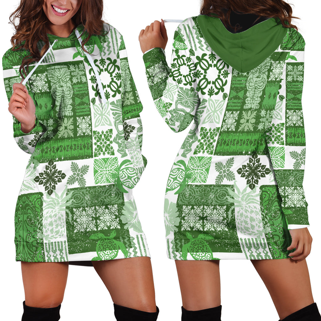 Hawaiian Quilt Hoodie Dress Tiki Tropical Retro Green Version - Wonder Print Shop