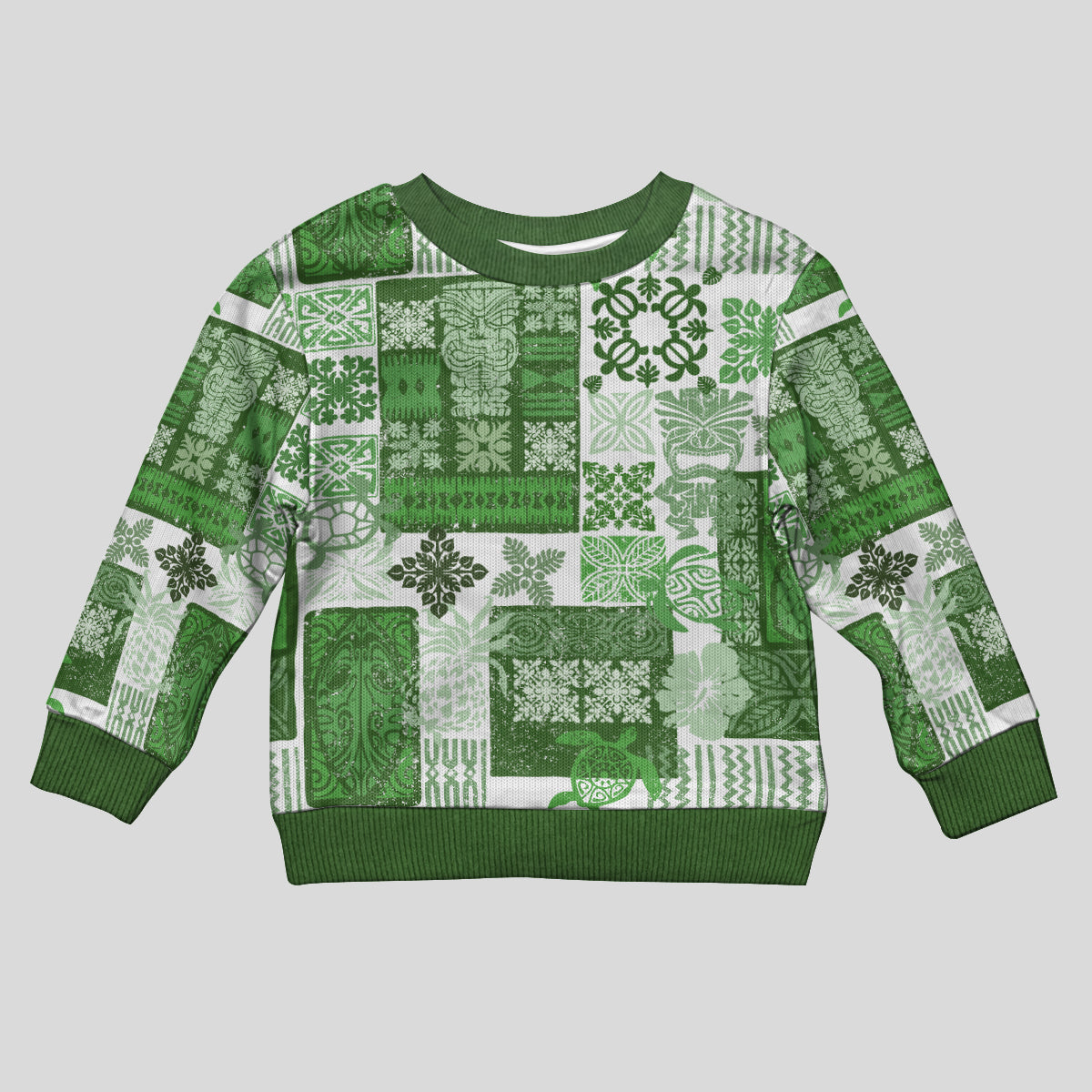 Hawaiian Quilt Kid Ugly Christmas Sweater Tiki Tropical Retro Green Version - Wonder Print Shop