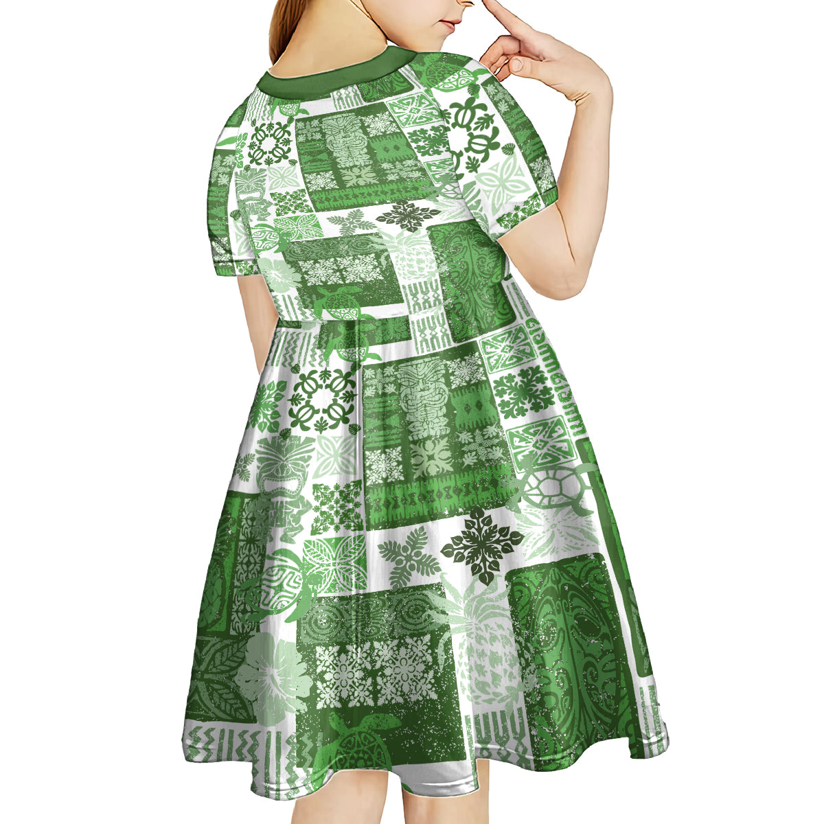 Hawaiian Quilt Kid Short Sleeve Dress Tiki Tropical Retro Green Version - Wonder Print Shop
