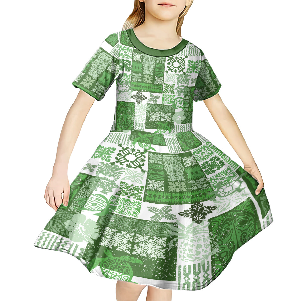 Hawaiian Quilt Kid Short Sleeve Dress Tiki Tropical Retro Green Version - Wonder Print Shop
