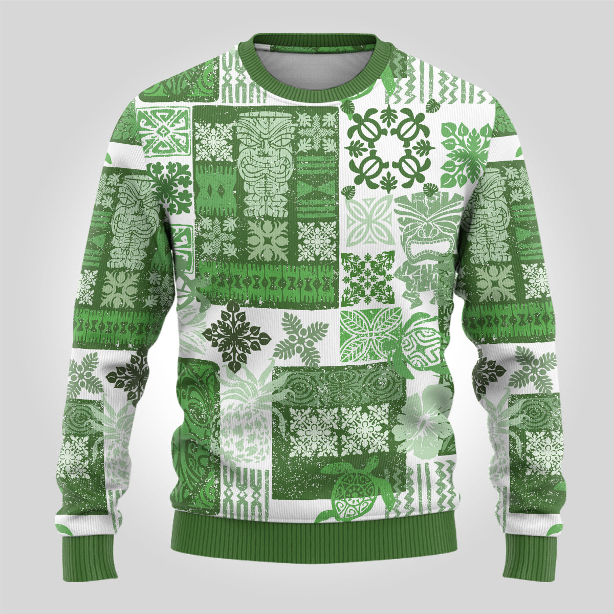Hawaiian Quilt Ugly Christmas Sweater Tiki Tropical Retro Green Version - Wonder Print Shop