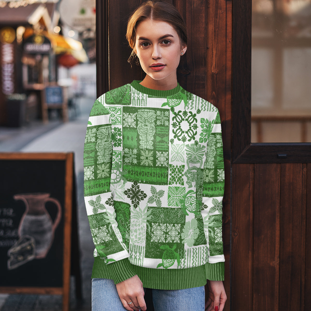 Hawaiian Quilt Ugly Christmas Sweater Tiki Tropical Retro Green Version - Wonder Print Shop