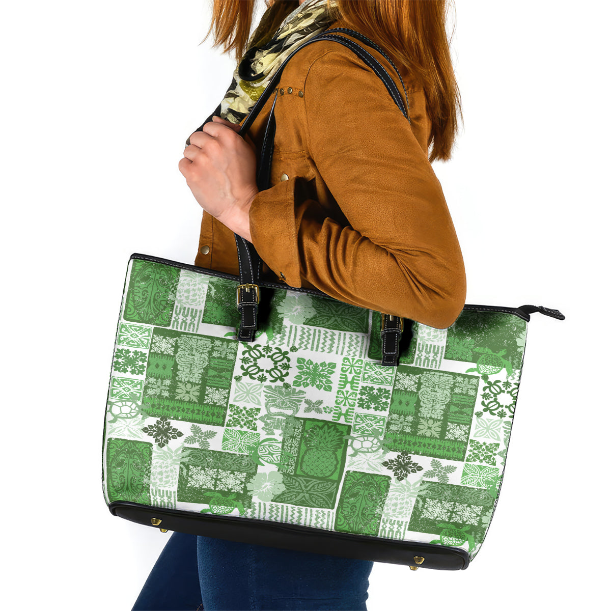 Hawaiian Quilt Leather Tote Bag Tiki Tropical Retro Green Version - Wonder Print Shop