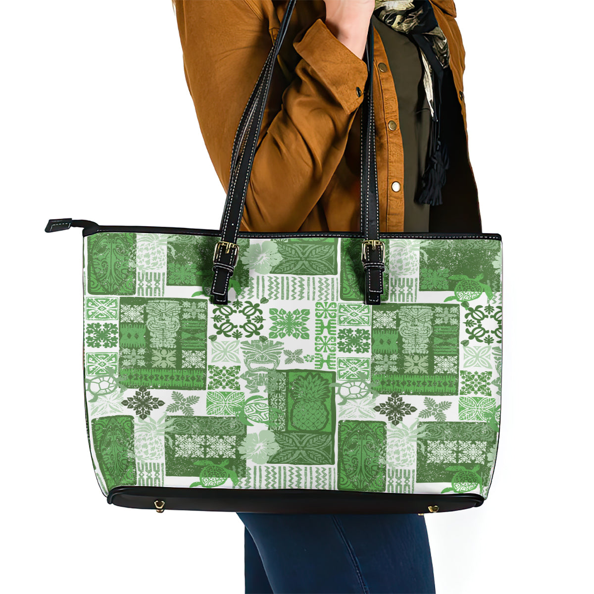 Hawaiian Quilt Leather Tote Bag Tiki Tropical Retro Green Version - Wonder Print Shop
