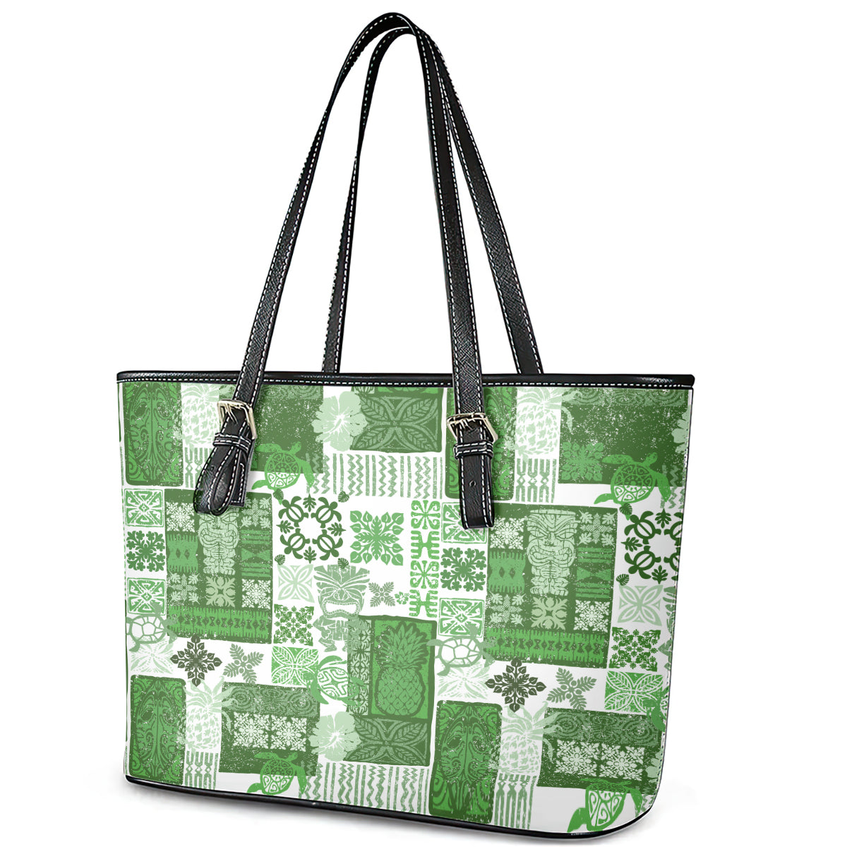Hawaiian Quilt Leather Tote Bag Tiki Tropical Retro Green Version - Wonder Print Shop