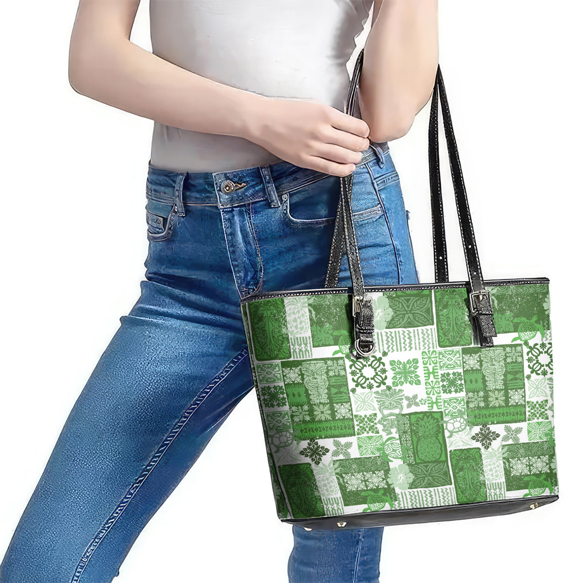 Hawaiian Quilt Leather Tote Bag Tiki Tropical Retro Green Version - Wonder Print Shop