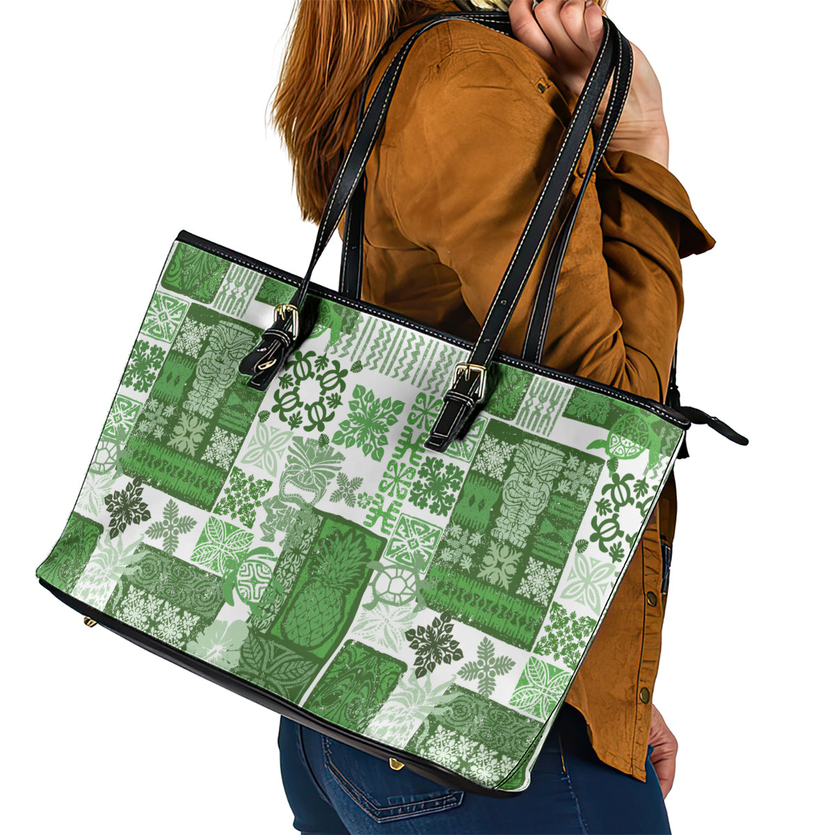 Hawaiian Quilt Leather Tote Bag Tiki Tropical Retro Green Version - Wonder Print Shop