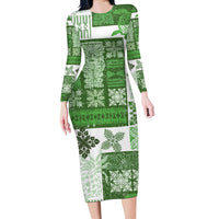 Hawaiian Quilt Long Sleeve Bodycon Dress Tiki Tropical Retro Green Version - Wonder Print Shop