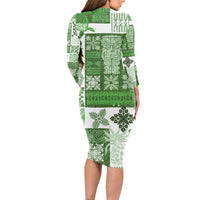 Hawaiian Quilt Long Sleeve Bodycon Dress Tiki Tropical Retro Green Version - Wonder Print Shop
