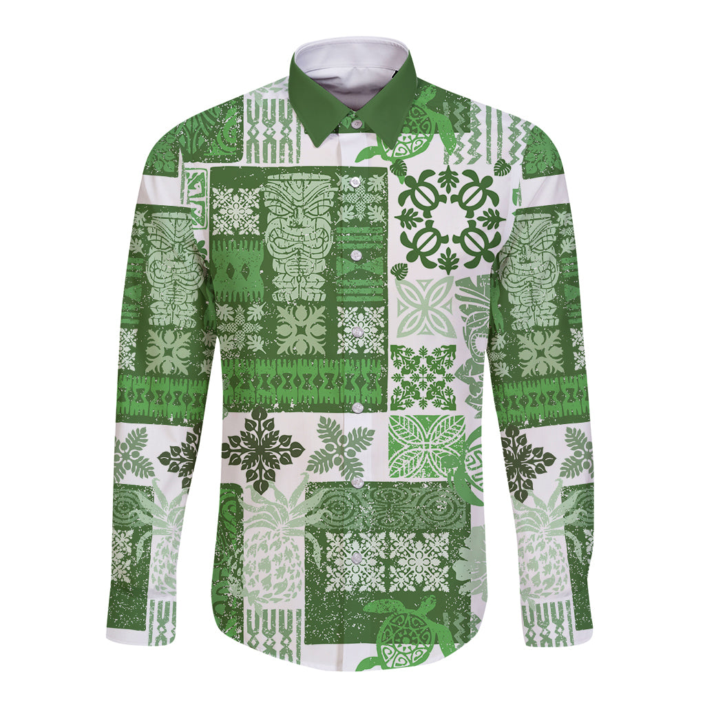 Hawaiian Quilt Long Sleeve Button Shirt Tiki Tropical Retro Green Version - Wonder Print Shop