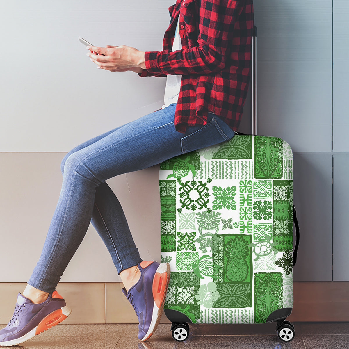 Hawaiian Quilt Luggage Cover Tiki Tropical Retro Green Version - Wonder Print Shop