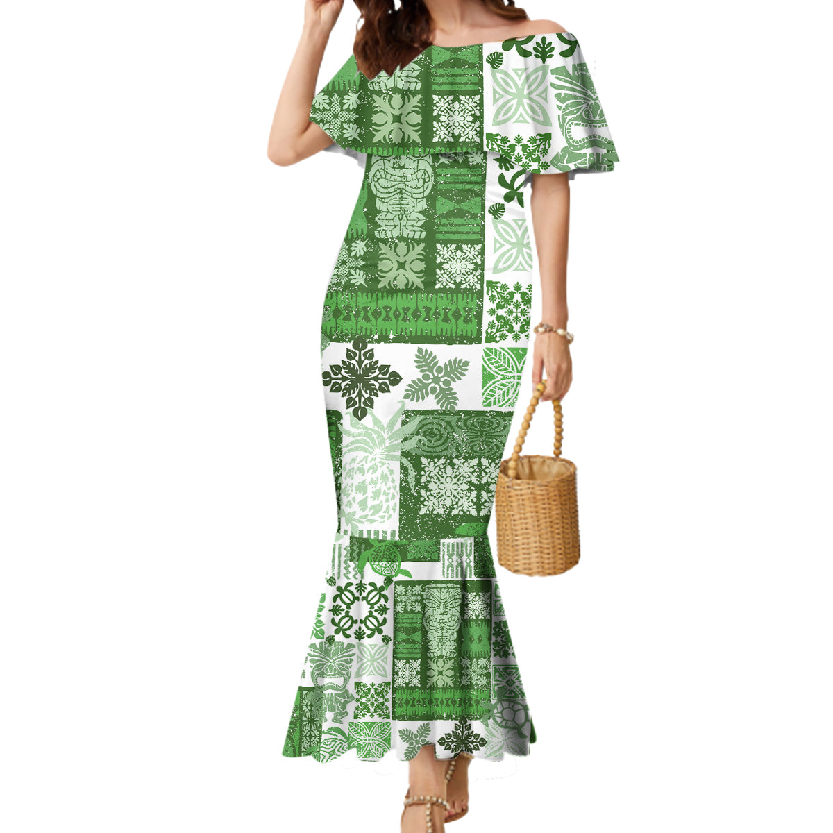 Hawaiian Quilt Mermaid Dress Tiki Tropical Retro Green Version - Wonder Print Shop
