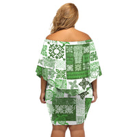 Hawaiian Quilt Off Shoulder Short Dress Tiki Tropical Retro Green Version - Wonder Print Shop