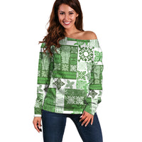 Hawaiian Quilt Off Shoulder Sweater Tiki Tropical Retro Green Version - Wonder Print Shop