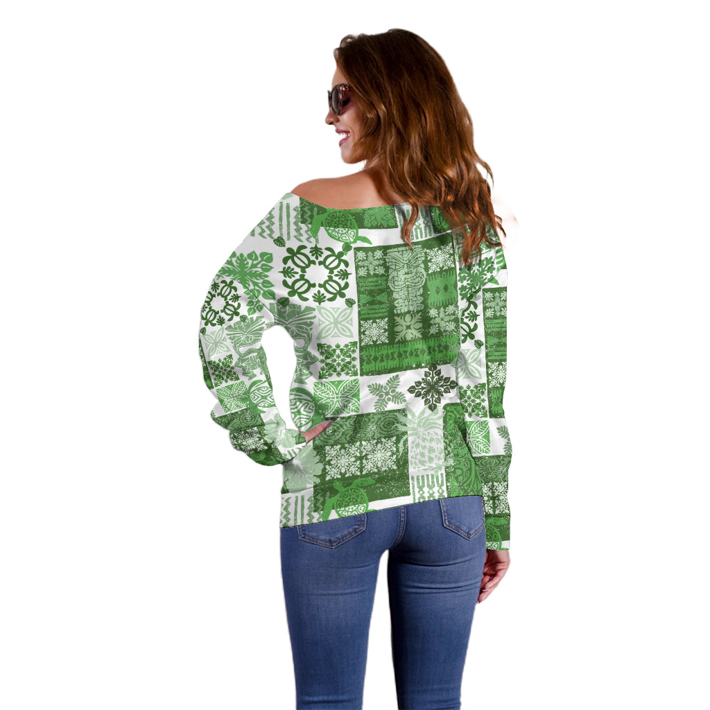Hawaiian Quilt Off Shoulder Sweater Tiki Tropical Retro Green Version - Wonder Print Shop