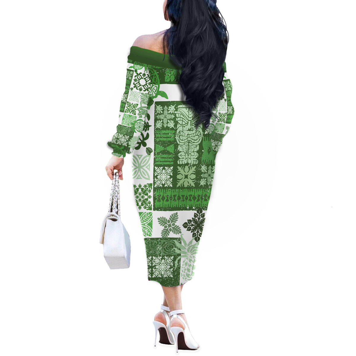 Hawaiian Quilt Off The Shoulder Long Sleeve Dress Tiki Tropical Retro Green Version - Wonder Print Shop