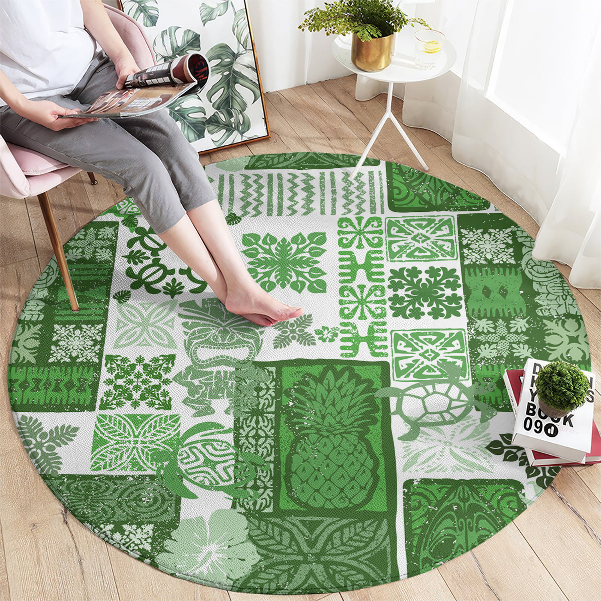 hawaiian-quilt-round-carpet-tiki-tropical-retro-green-version