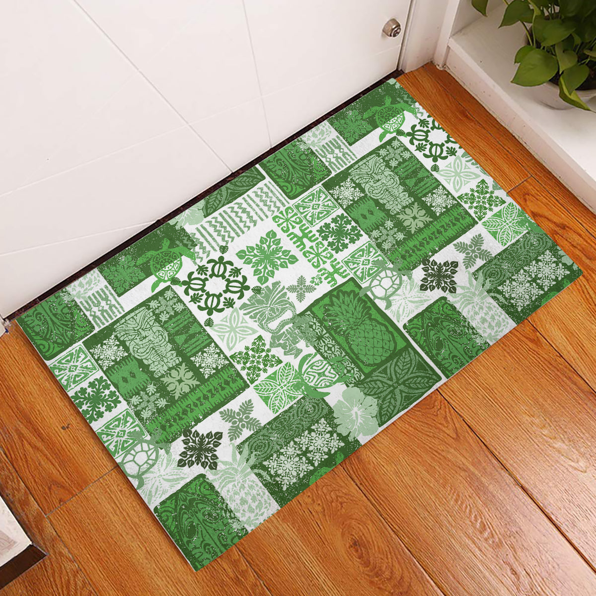 Hawaiian Quilt Rubber Doormat Tiki Tropical Retro Green Version - Wonder Print Shop