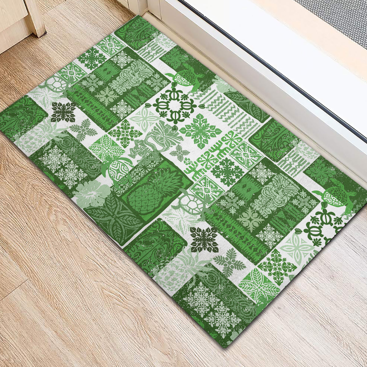 Hawaiian Quilt Rubber Doormat Tiki Tropical Retro Green Version - Wonder Print Shop