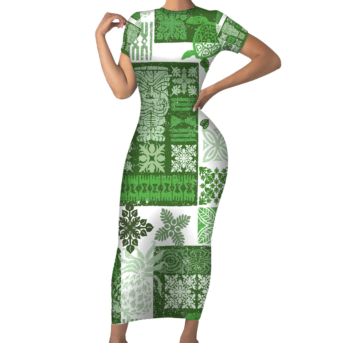 Hawaiian Quilt Short Sleeve Bodycon Dress Tiki Tropical Retro Green Version - Wonder Print Shop