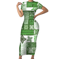 Hawaiian Quilt Short Sleeve Bodycon Dress Tiki Tropical Retro Green Version - Wonder Print Shop