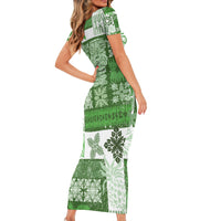 Hawaiian Quilt Short Sleeve Bodycon Dress Tiki Tropical Retro Green Version - Wonder Print Shop
