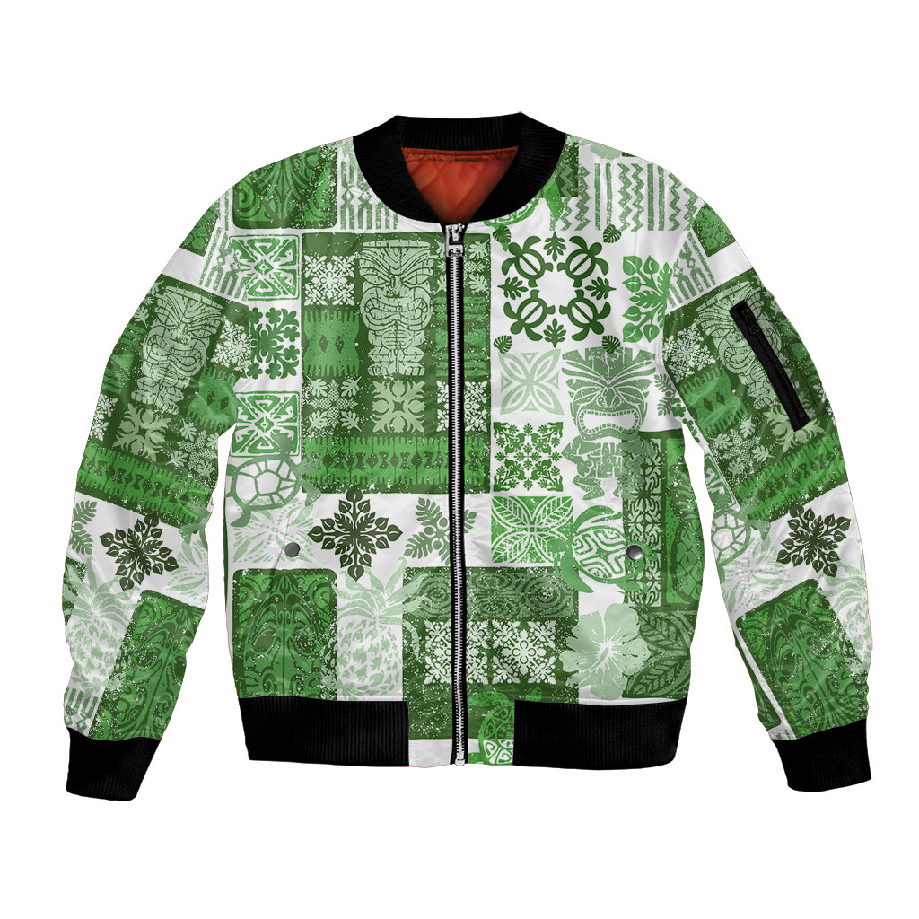 Hawaiian Quilt Sleeve Zip Bomber Jacket Tiki Tropical Retro Green Version - Wonder Print Shop