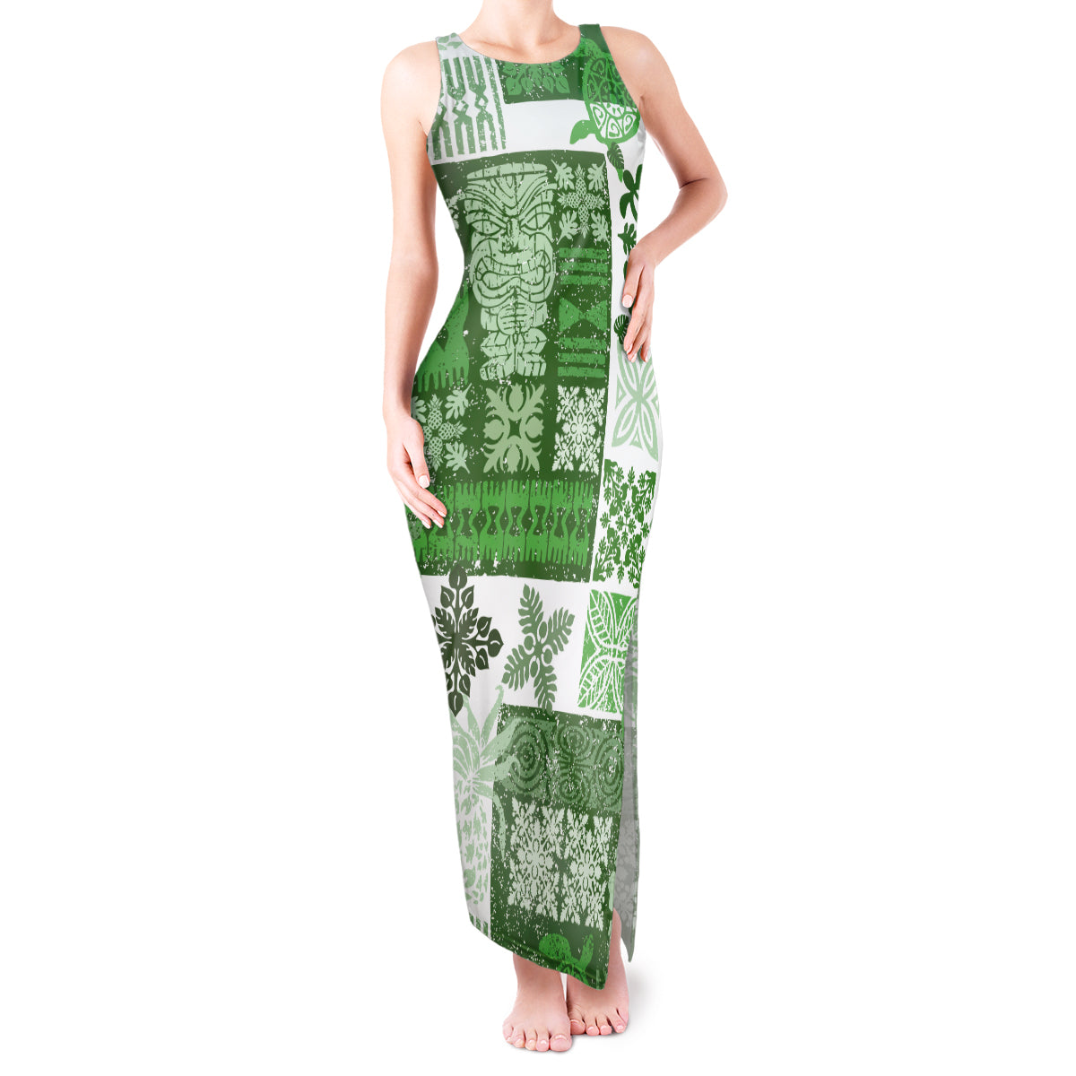 Hawaiian Quilt Tank Maxi Dress Tiki Tropical Retro Green Version - Wonder Print Shop