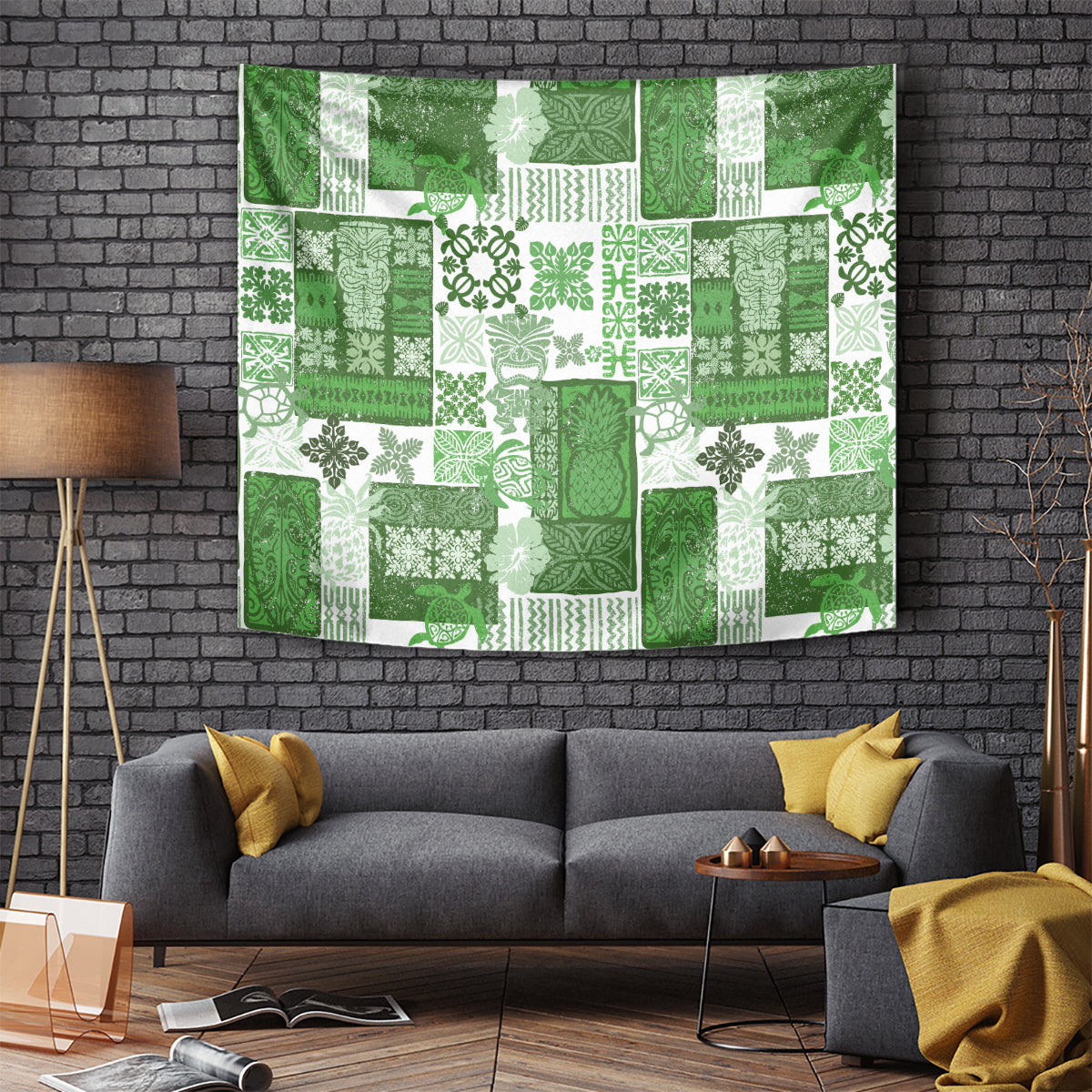 Hawaiian Quilt Tapestry Tiki Tropical Retro Green Version - Wonder Print Shop