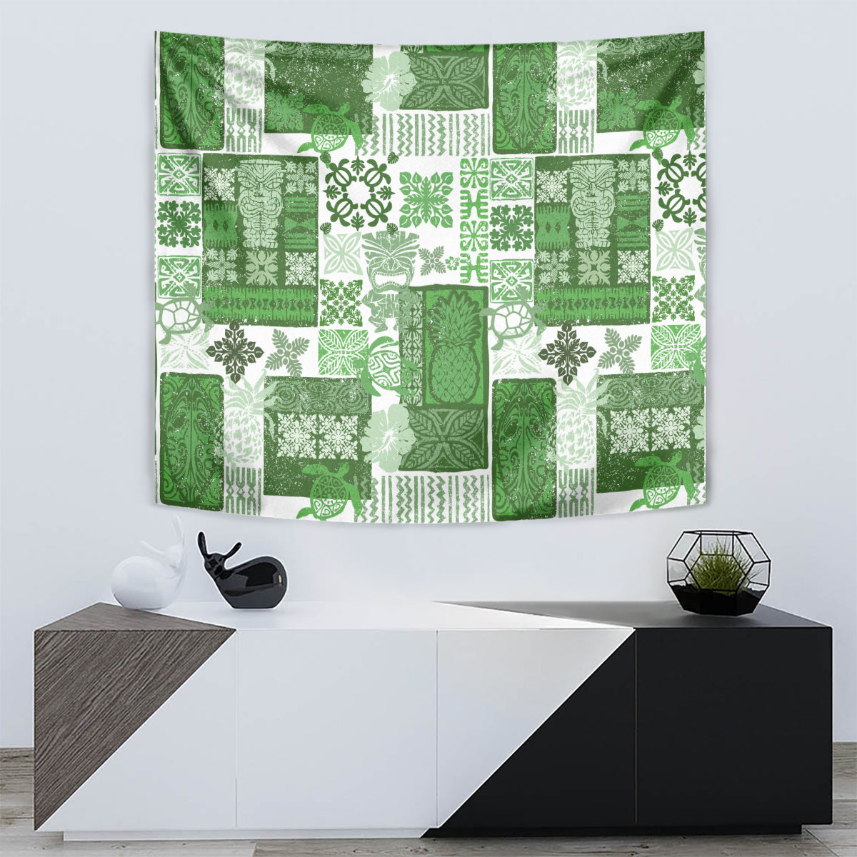 Hawaiian Quilt Tapestry Tiki Tropical Retro Green Version - Wonder Print Shop