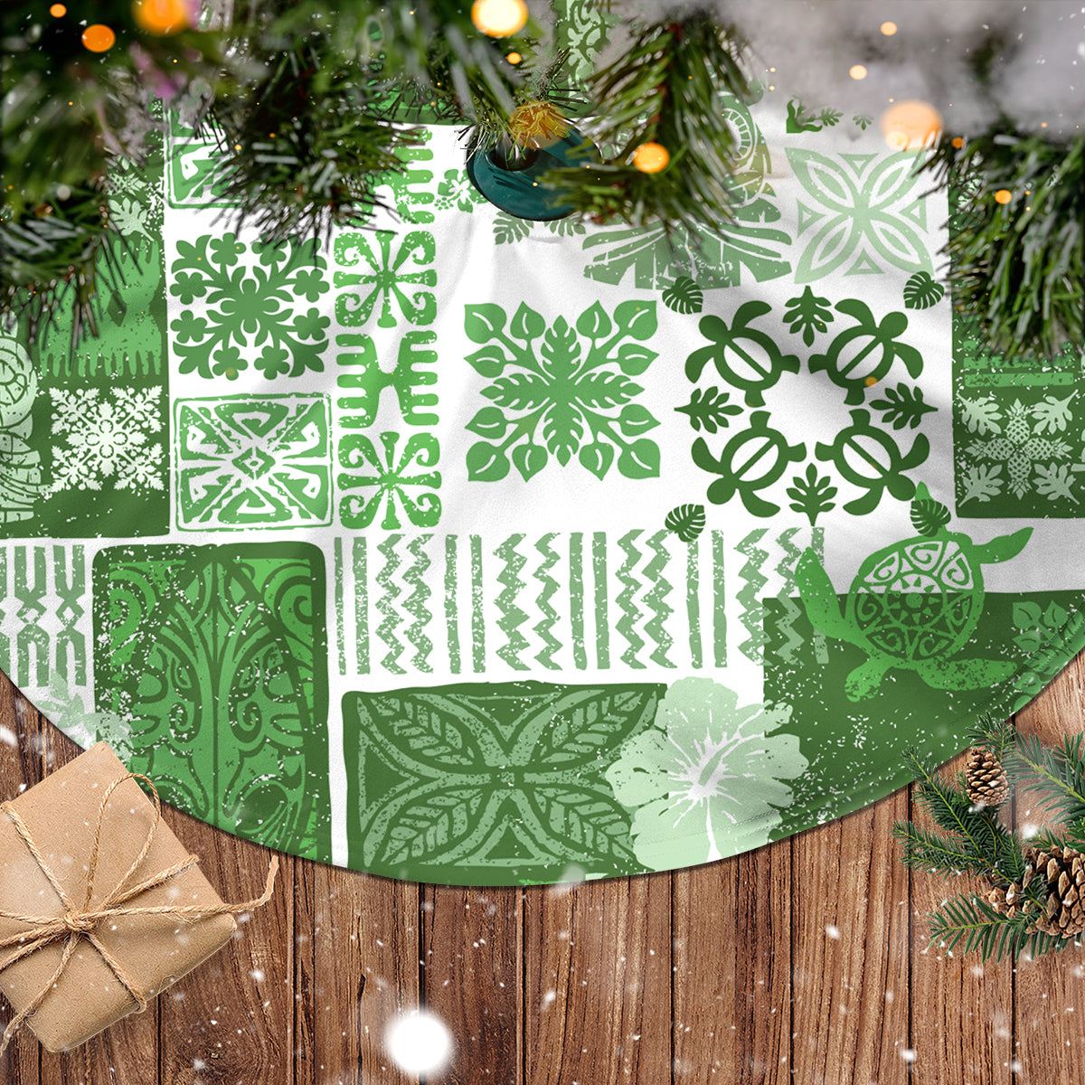 Hawaiian Quilt Tree Skirt Tiki Tropical Retro Green Version - Wonder Print Shop