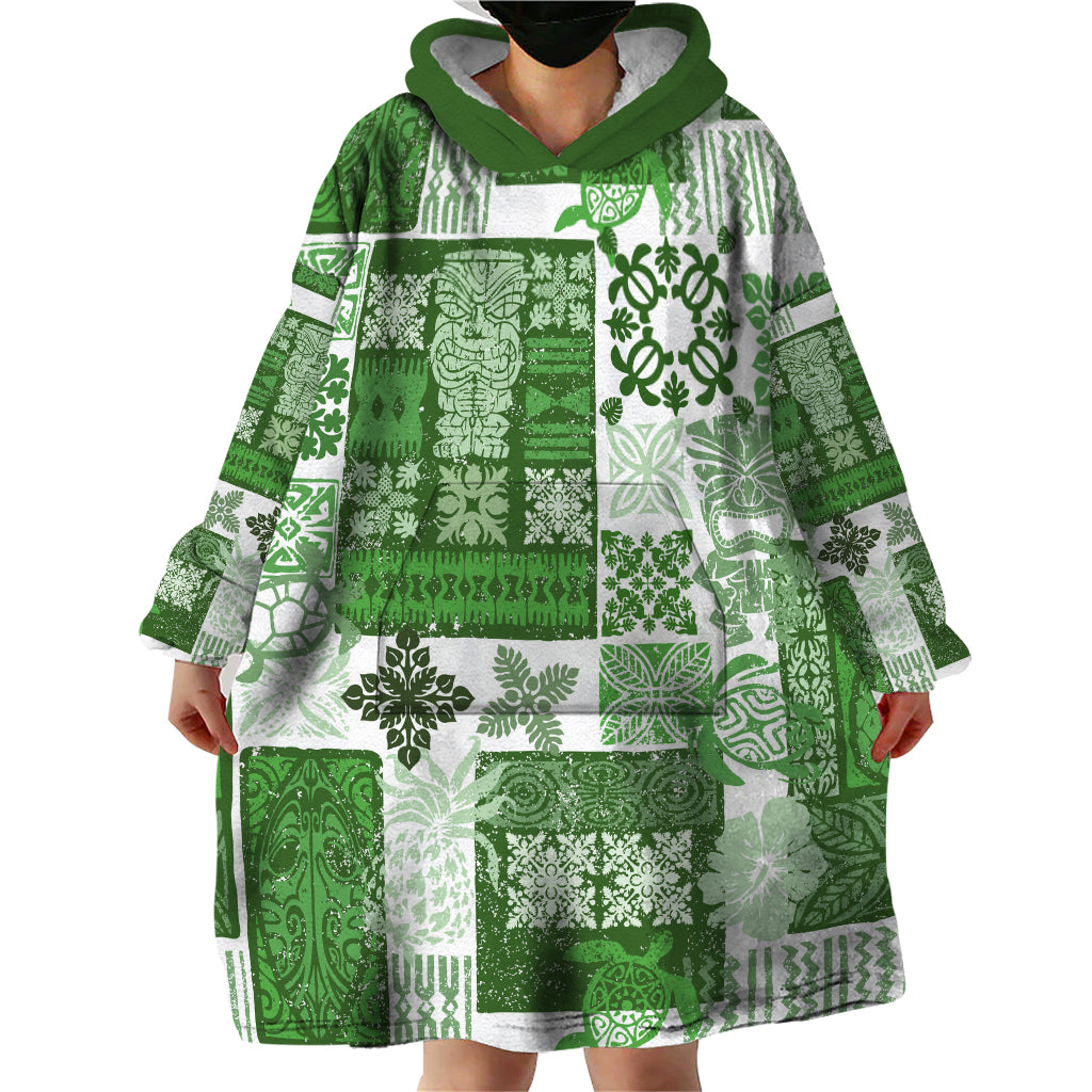 Hawaiian Quilt Wearable Blanket Hoodie Tiki Tropical Retro Green Version - Wonder Print Shop