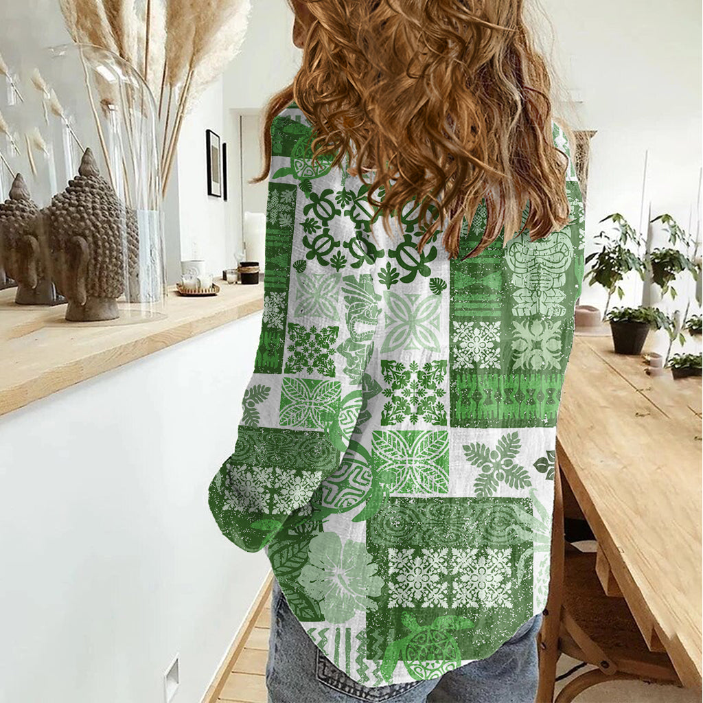 Hawaiian Quilt Women Casual Shirt Tiki Tropical Retro Green Version - Wonder Print Shop