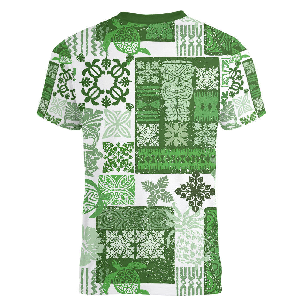 Hawaiian Quilt Women V Neck T Shirt Tiki Tropical Retro Green Version - Wonder Print Shop