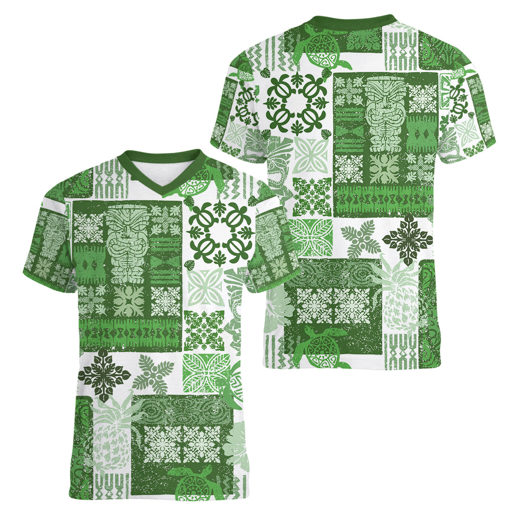 Hawaiian Quilt Women V Neck T Shirt Tiki Tropical Retro Green Version - Wonder Print Shop