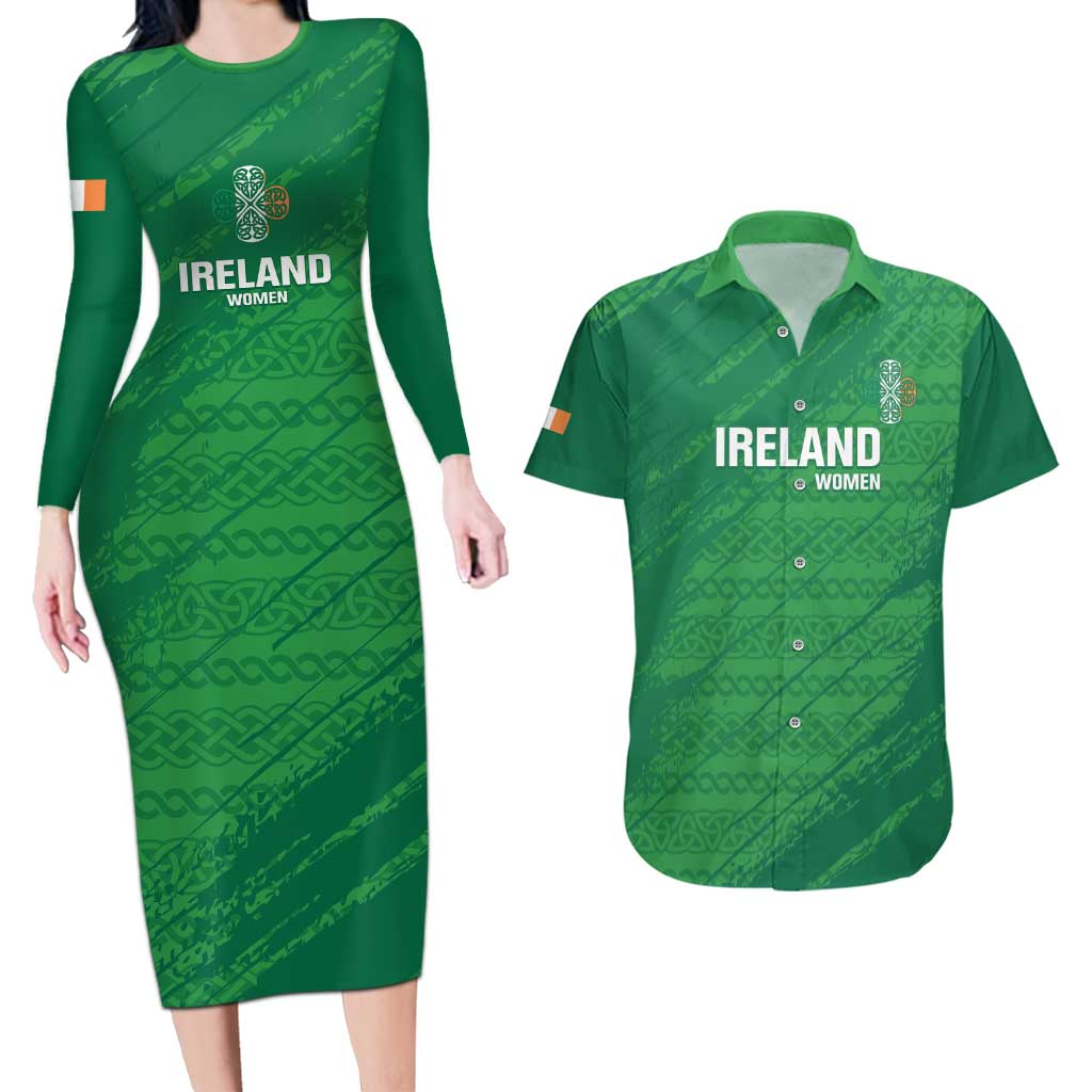 Custom Ireland Cricket Couples Matching Long Sleeve Bodycon Dress and Hawaiian Shirt Irish Celtic Knot - National Color - Wonder Print Shop