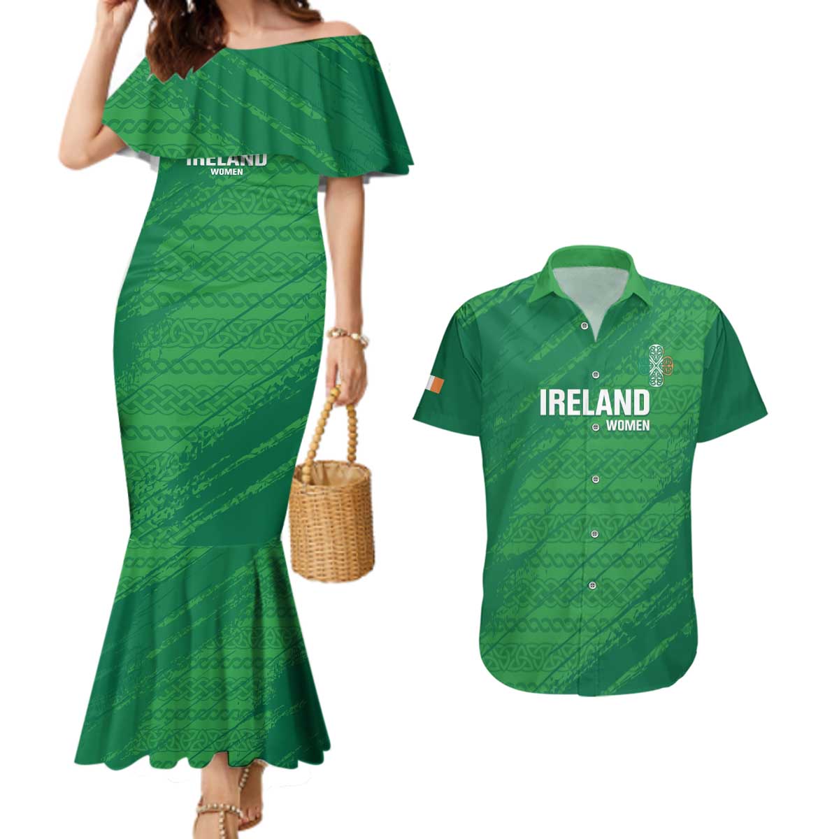 Custom Ireland Cricket Couples Matching Mermaid Dress and Hawaiian Shirt Irish Celtic Knot - National Color - Wonder Print Shop