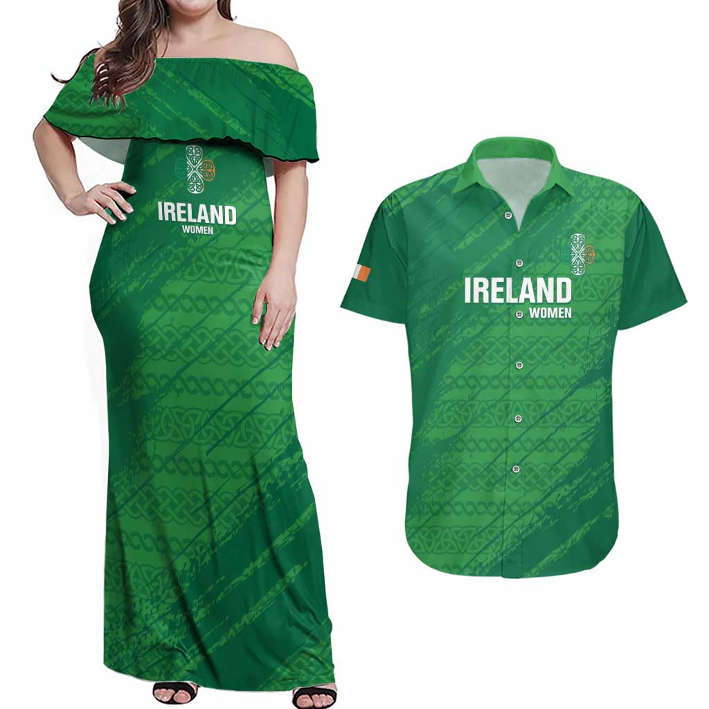 Custom Ireland Cricket Couples Matching Off Shoulder Maxi Dress and Hawaiian Shirt Irish Celtic Knot - National Color - Wonder Print Shop