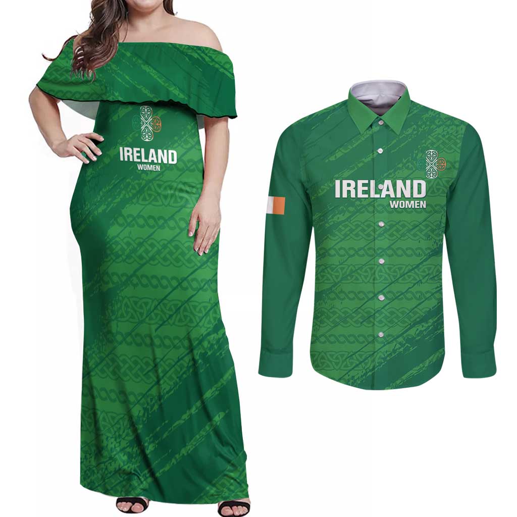 Custom Ireland Cricket Couples Matching Off Shoulder Maxi Dress and Long Sleeve Button Shirt Irish Celtic Knot - National Color - Wonder Print Shop