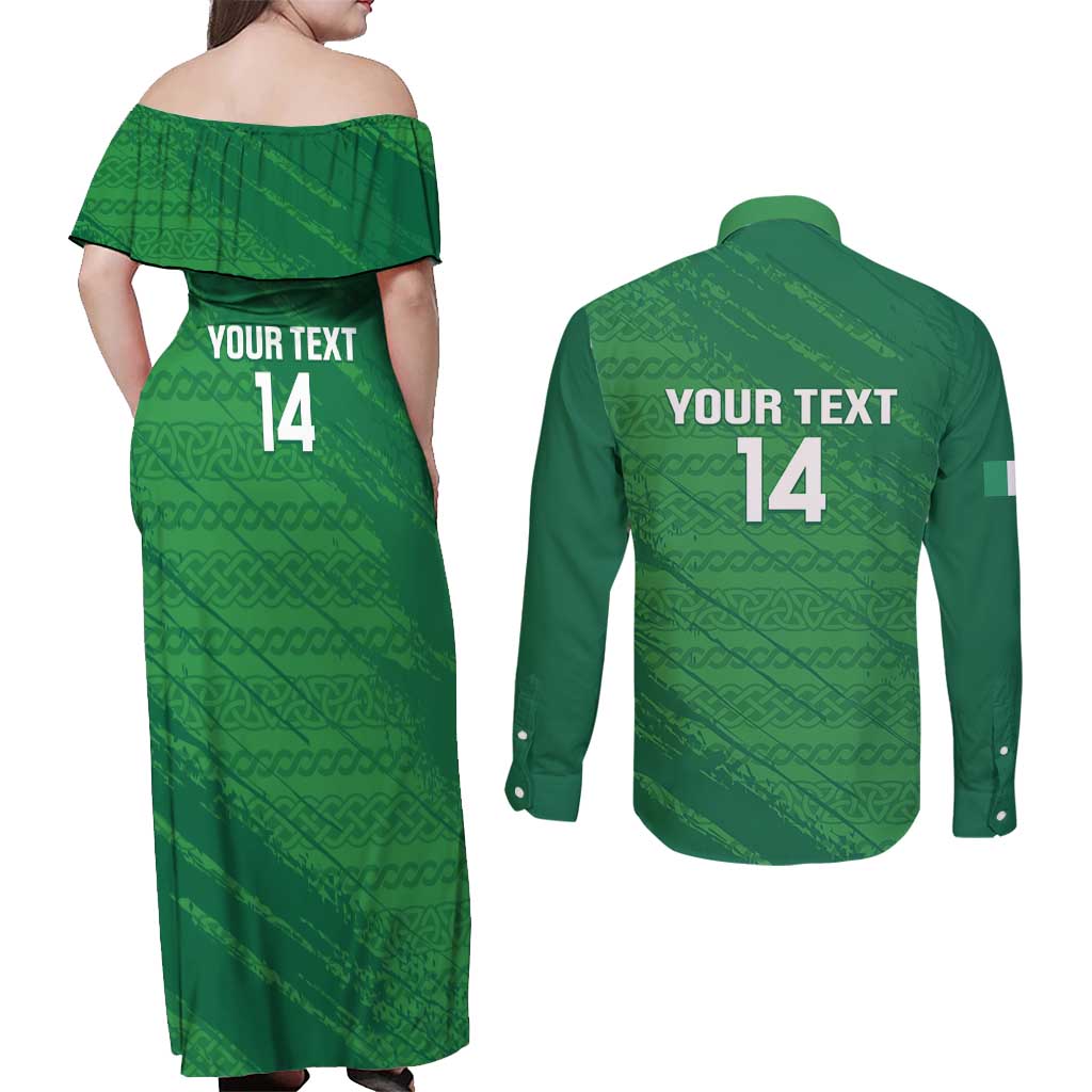 Custom Ireland Cricket Couples Matching Off Shoulder Maxi Dress and Long Sleeve Button Shirt Irish Celtic Knot - National Color - Wonder Print Shop