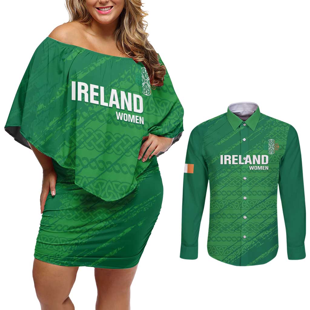 Custom Ireland Cricket Couples Matching Off Shoulder Short Dress and Long Sleeve Button Shirt Irish Celtic Knot - National Color - Wonder Print Shop