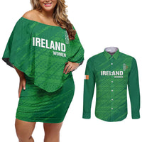 Custom Ireland Cricket Couples Matching Off Shoulder Short Dress and Long Sleeve Button Shirt Irish Celtic Knot - National Color - Wonder Print Shop