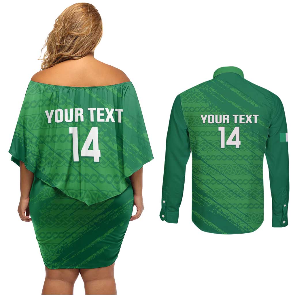 Custom Ireland Cricket Couples Matching Off Shoulder Short Dress and Long Sleeve Button Shirt Irish Celtic Knot - National Color - Wonder Print Shop