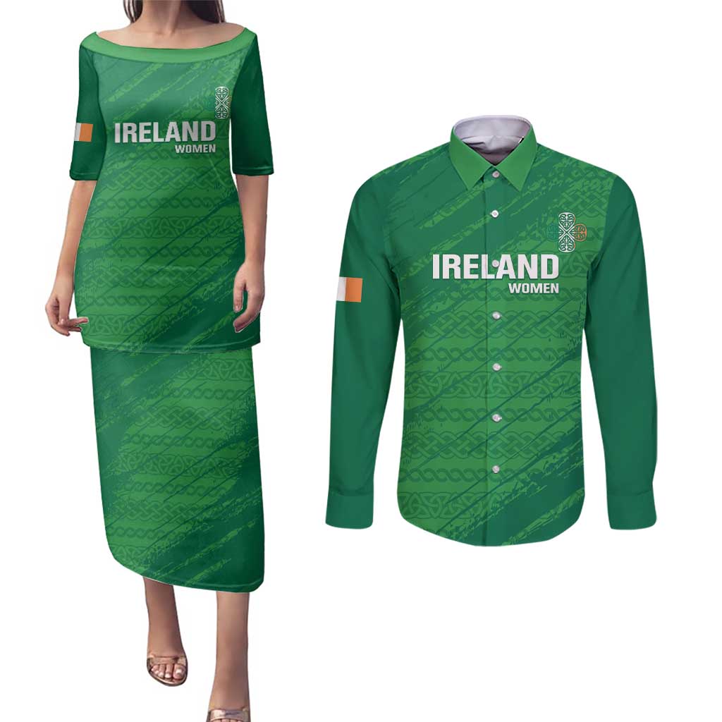 Custom Ireland Cricket Couples Matching Puletasi and Long Sleeve Button Shirt Irish Celtic Knot - National Color - Wonder Print Shop