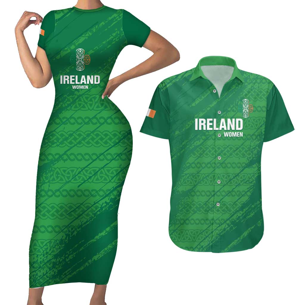 Custom Ireland Cricket Couples Matching Short Sleeve Bodycon Dress and Hawaiian Shirt Irish Celtic Knot - National Color - Wonder Print Shop