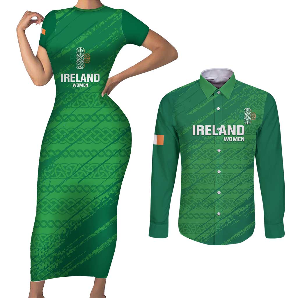 Custom Ireland Cricket Couples Matching Short Sleeve Bodycon Dress and Long Sleeve Button Shirt Irish Celtic Knot - National Color - Wonder Print Shop