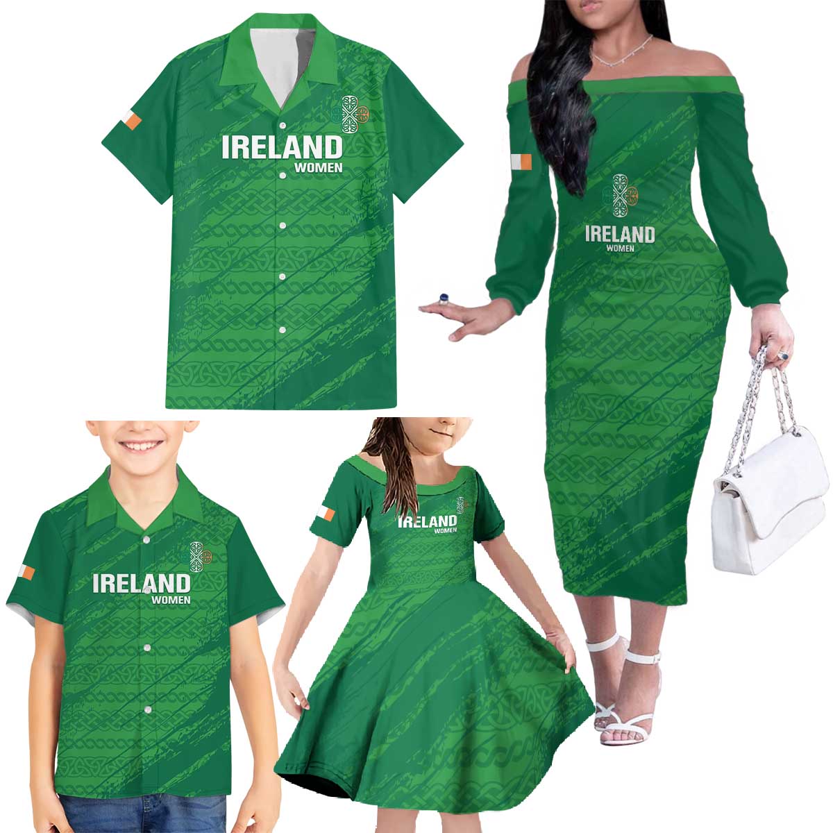 Custom Ireland Cricket Family Matching Off The Shoulder Long Sleeve Dress and Hawaiian Shirt Irish Celtic Knot - National Color - Wonder Print Shop