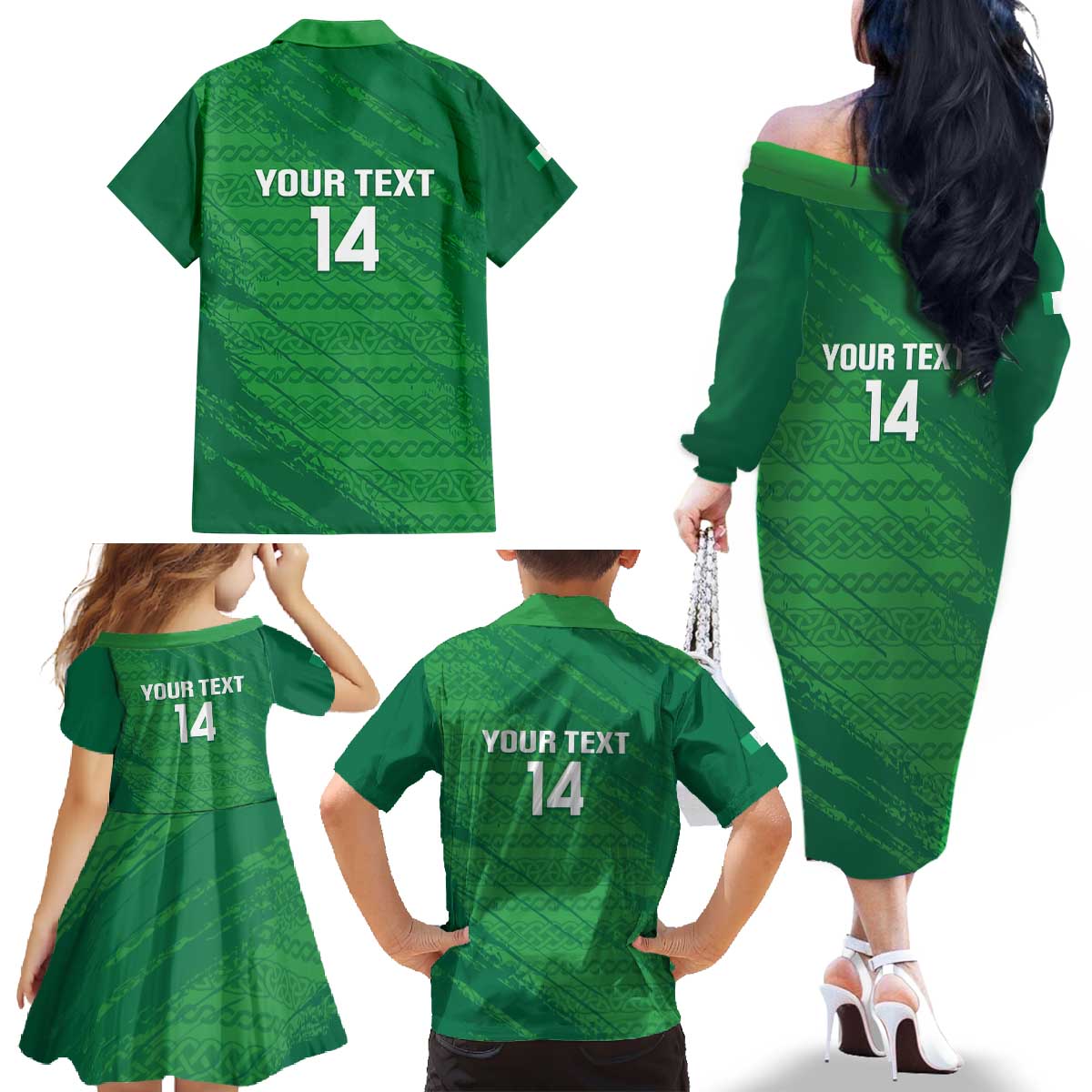 Custom Ireland Cricket Family Matching Off The Shoulder Long Sleeve Dress and Hawaiian Shirt Irish Celtic Knot - National Color - Wonder Print Shop
